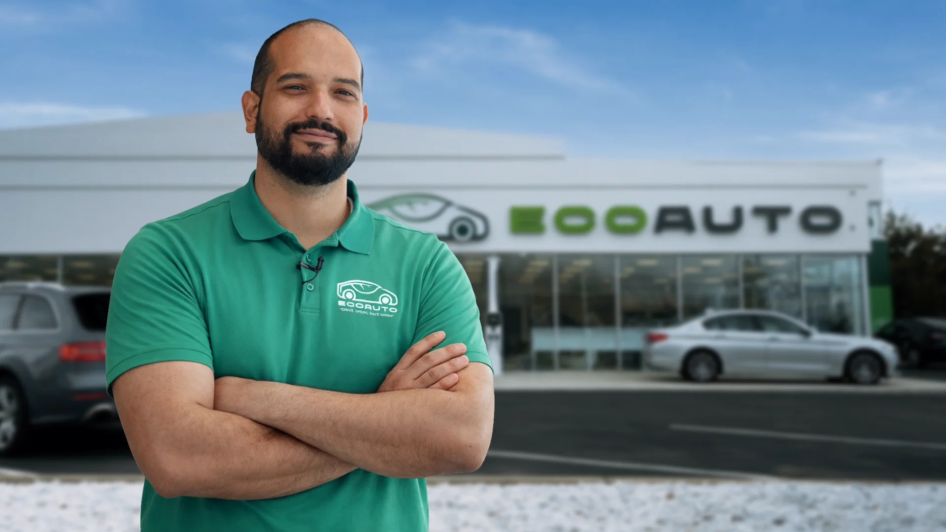 Successful Eco Auto franchise owner standing proudly in front of their service center