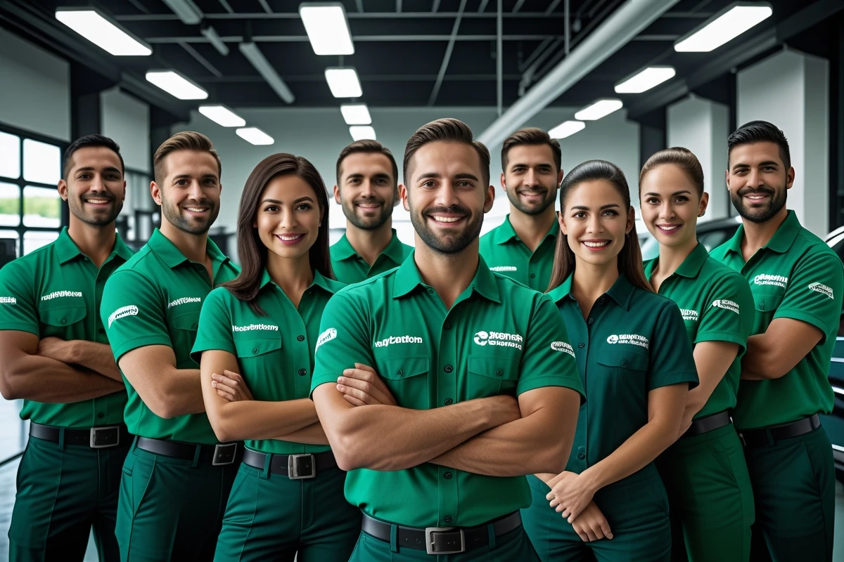 Eco Auto team members in green branded uniforms at a modern service center